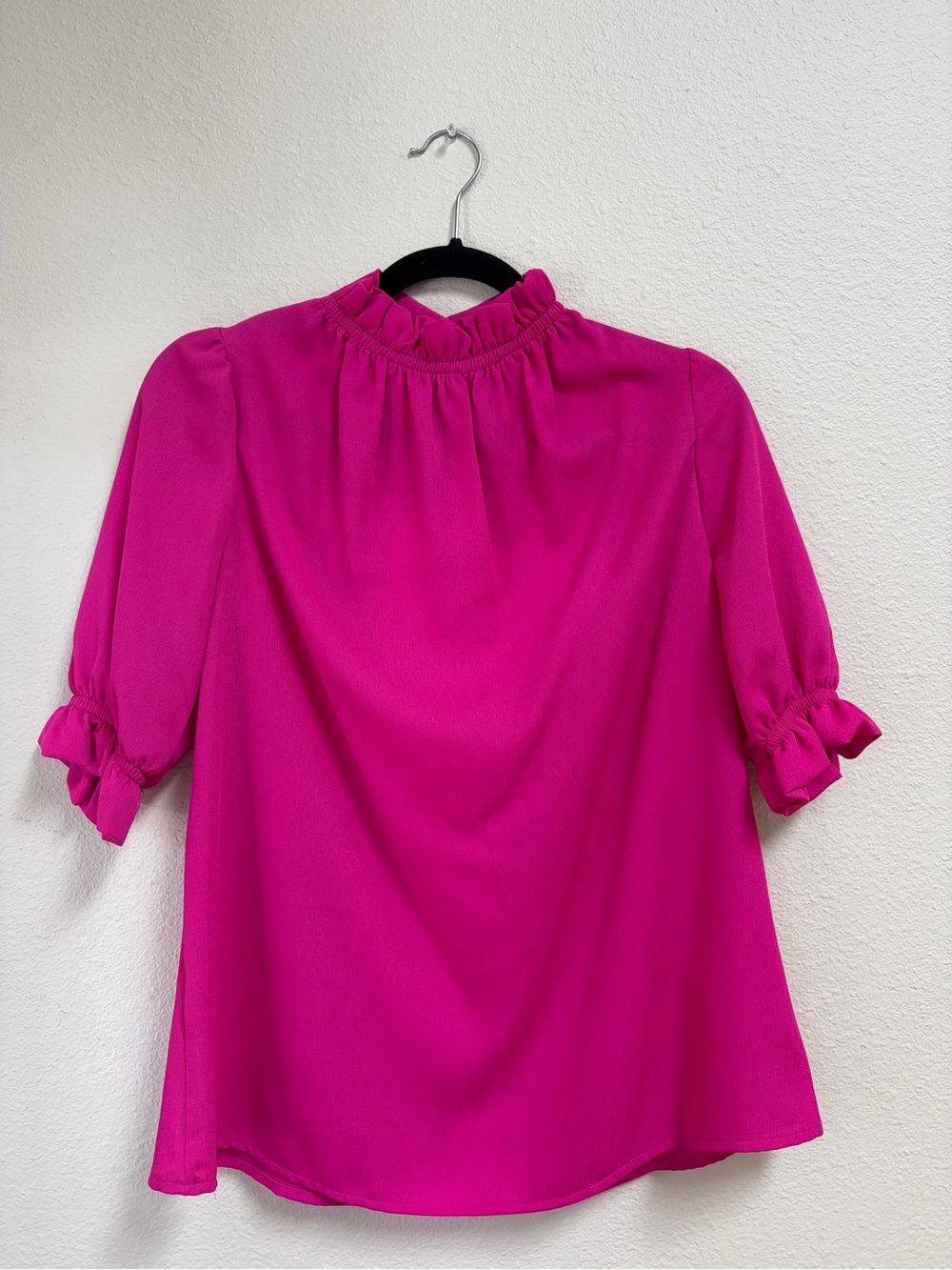 Ruffled Mock-Neck Blouse in Hot Pink